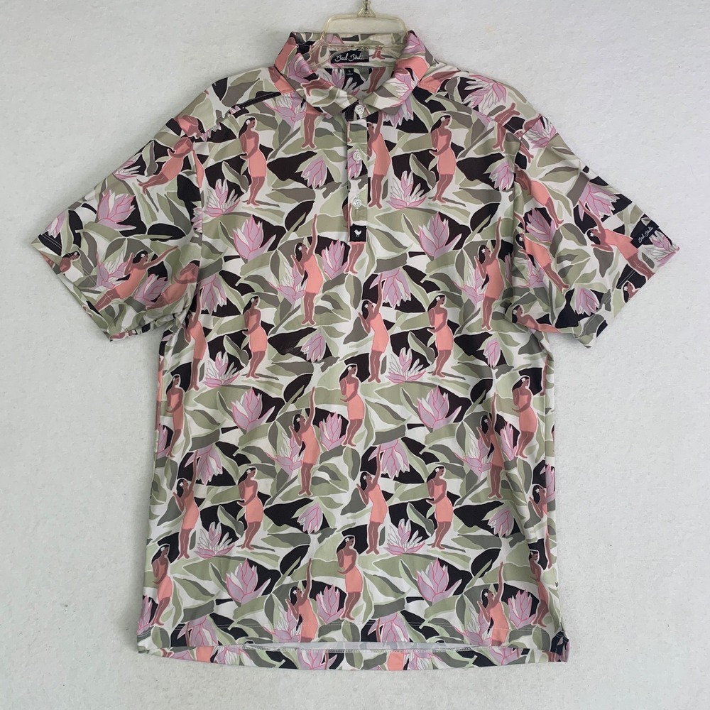 Bad Birdie Leilani Golf Polo Shirt Men Large Stretch Hula Girl Tropical Flower